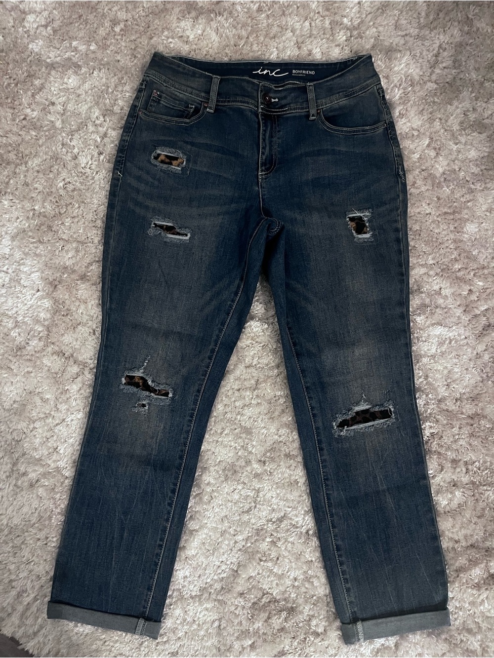 INC International Concepts Women's Dark Blue Ripped Boyfriend Jeans